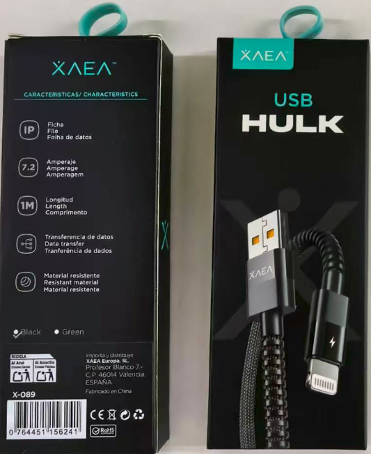 CABLE USB X-089 - HULK - LIGHTNING - XAEA - NEGRO
