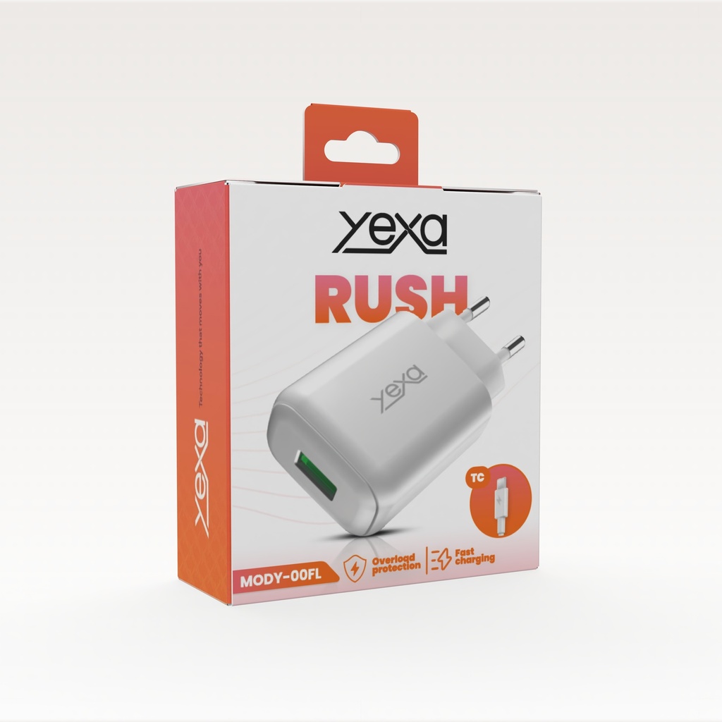 CARGADOR 220V 4.8A RUSH 1USB + CABLE TIPO C Y-00FL - YEXA - BLANCO