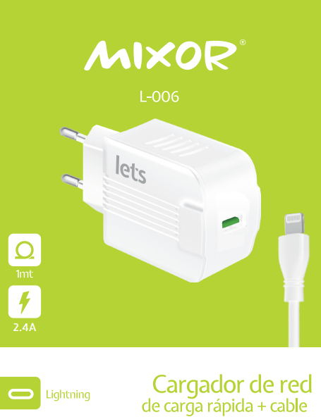 CARGADOR RED M-006 - 12W - 1USB + CABLE  LIGHTNING - MIXOR - BLANCO