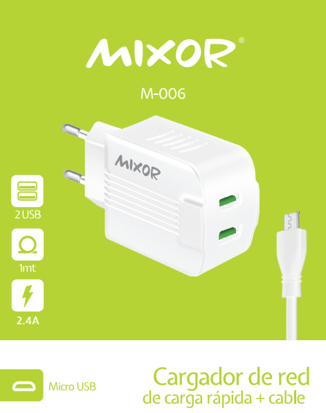 CARGADOR RED M-006 - 12W - 2USB + CAB MICRO -MIXOR-BLANCO