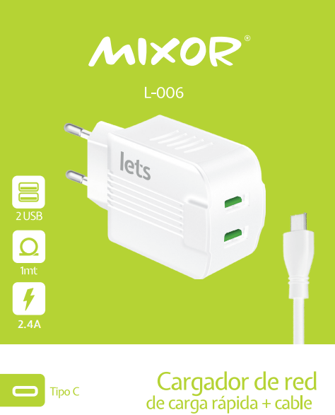 CARGADOR RED M-006 12W - 2USB + CABLE TIPO C - MIXOR  BLANCO