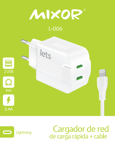 CARGADOR RED M-006 - 12W - 2USB + CAB LIGHTNING - MIXOR - BLANCO