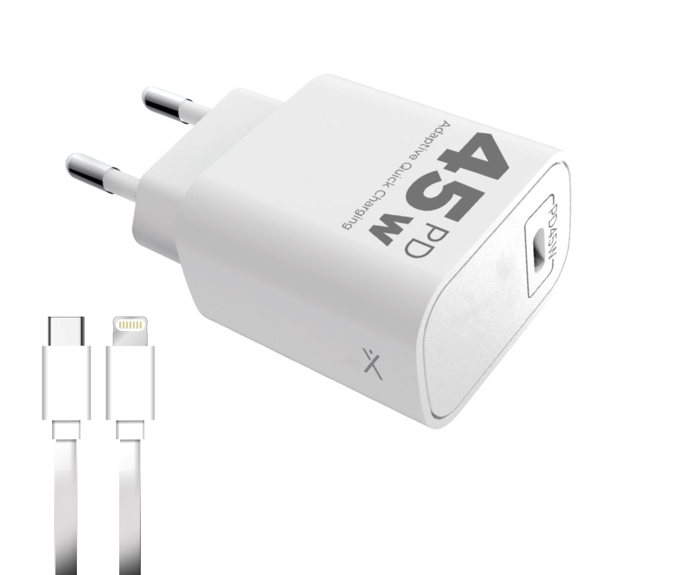 CARGADOR X-004 PD + CABLE TIPO C A LIGHTNING - SUPREME XAEA - BLANCO