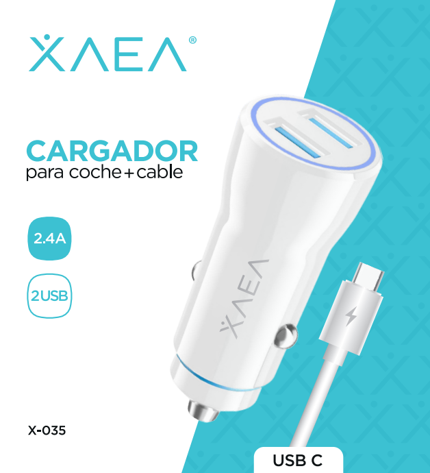CARGADOR COCHE X-035 - 2,4A (2 USB + Cable TC)  XAEA - BLANCO