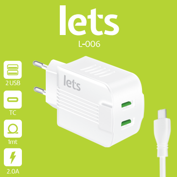 CARGADOR RED L-006 - 10W - 2USB + CABLE TIPO C - LETS - BLANCO