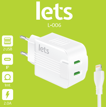 CARGADOR RED L-006 10W - 2USB + CABLE TIPO IP - LETS  BLANCO