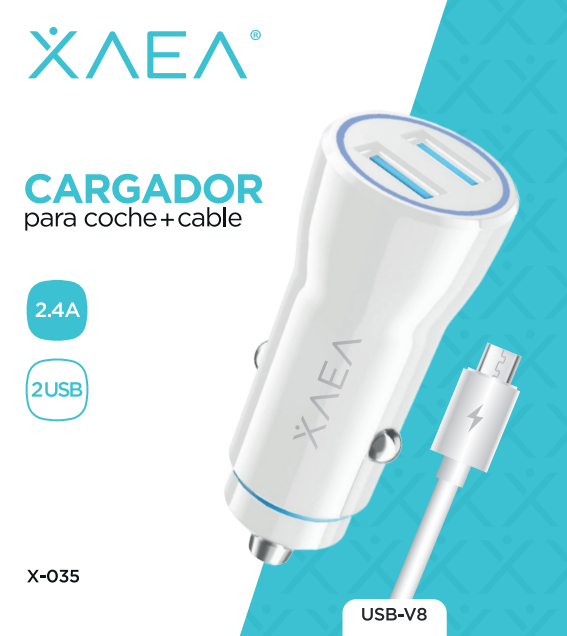 CARGADOR COCHE X-035 - Q.C.2,4 A 2USB + CABLE V8 - XAEA - BLANCO