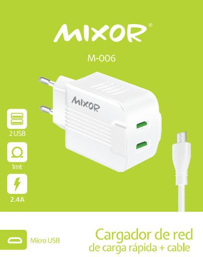 [CARM06006012] CARGADOR RED M-006 - 12W - 2USB + CAB MICRO -MIXOR-BLANCO