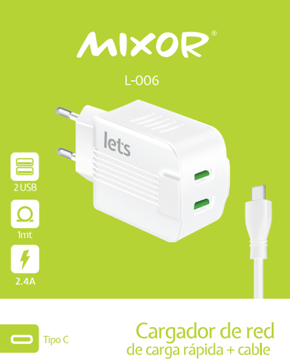 [CARM05006012] CARGADOR RED M-006 12W - 2USB + CABLE TIPO C - MIXOR  BLANCO